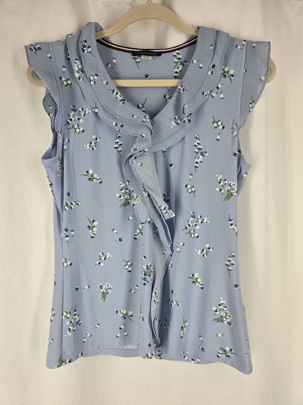 Tommy Hilfiger Pastel Blue Floral Ruffle Neck Blouse